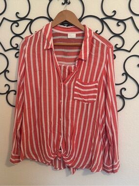Abound Coral & White Vertical Stripe Button-Front Tie Hem Shirt